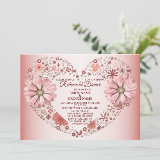 Peach Floral Heart Modern Wedding Rehearsal Dinner 招待状 (スタンド正面)