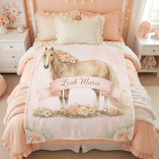 Peach Floral Horse Personalized Name  フリースブランケット