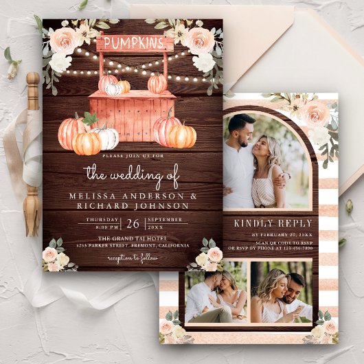 Peach Floral Pumpkin Market QRコード ウェディング ウッド 招待状