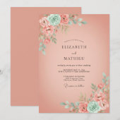 Peach Floral Romantic Flourish Wedding 招待状 (正面/裏面)