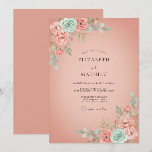 Peach Floral Romantic Flourish Wedding 招待状 (正面/裏面)