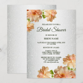 Peach Floral Silver Glitter Elegant Bridal Shower 招待状