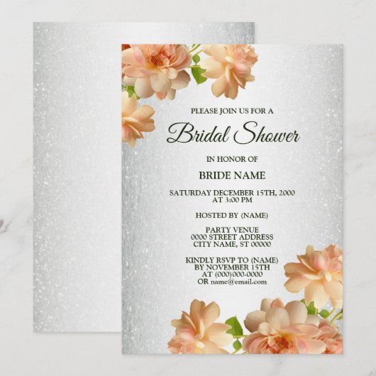 Peach Floral Silver Glitter Elegant Bridal Shower 招待状 (正面/裏面)