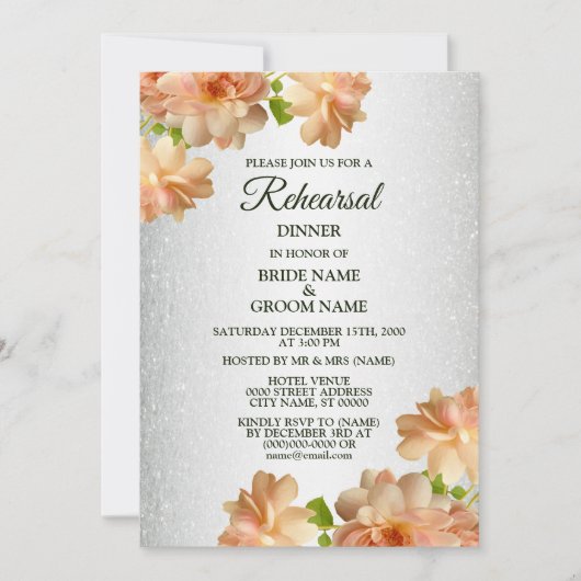 Peach Floral Silver Glitter Rehearsal Dinner 招待状 (正面)