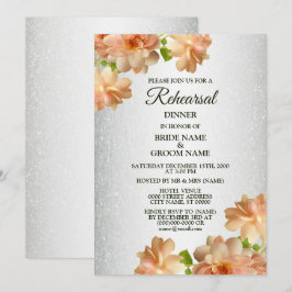 Peach Floral Silver Glitter Rehearsal Dinner 招待状