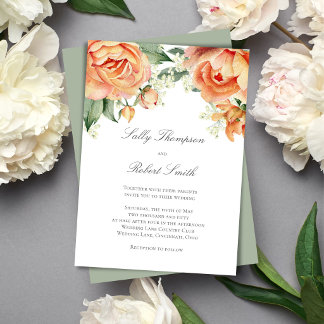 Peach Floral Top Border Elegant Script Wedding 招待状