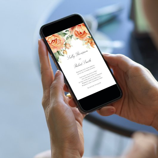 Peach Floral Top Border Elegant Script Wedding 招待状