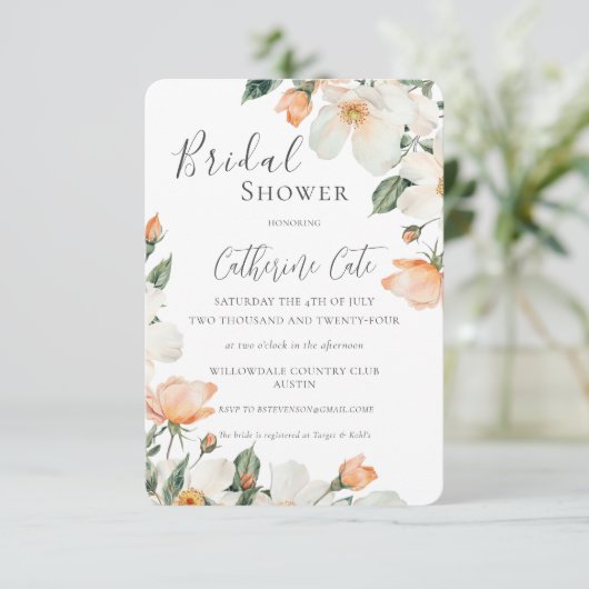 Peach Floral Watercolor Bridal Shower 招待状 (スタンド正面)