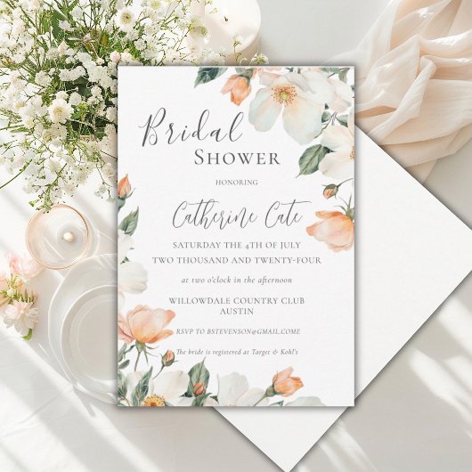 Peach Floral Watercolor Bridal Shower 招待状