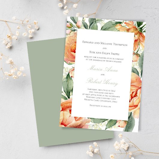 Peach Floral Watercolor Elegant Wedding Suite 招待状