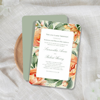 Peach Floral Watercolor Greenery Elegant Wedding 招待状