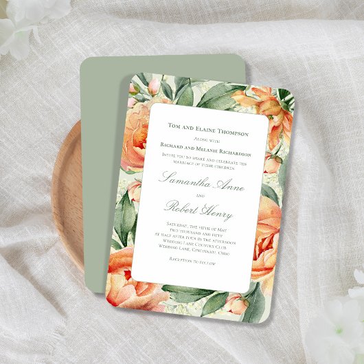 Peach Floral Watercolor Greenery Elegant Wedding 招待状