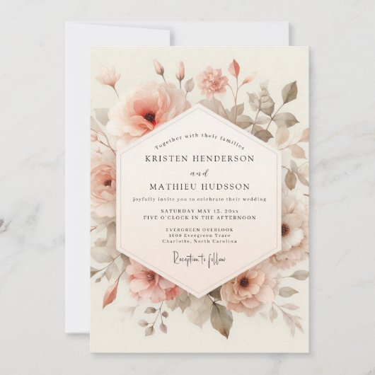 Peach Floral Whimsy Wedding 招待状 (正面)