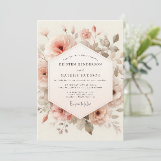 Peach Floral Whimsy Wedding 招待状 (スタンド正面)