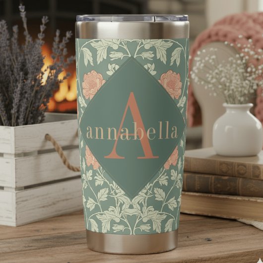 Peach Floral William Morris Elegant Monogram 保温保冷タンブラー