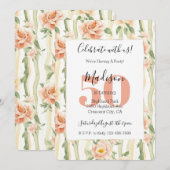 Peach Flowers Mint Green Stripes 50th Birthday 招待状 (正面/裏面)