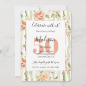 Peach Flowers Mint Green Stripes 50th Birthday 招待状 (正面)