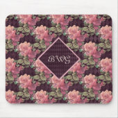 Peach Flowers on Purple Diamonds Monogram マウスパッド (正面)