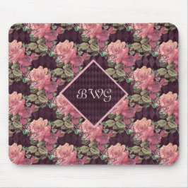 Peach Flowers on Purple Diamonds Monogram マウスパッド