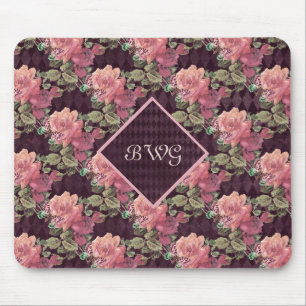 Peach Flowers on Purple Diamonds Monogram マウスパッド