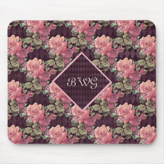 Peach Flowers on Purple Diamonds Monogram マウスパッド (正面)