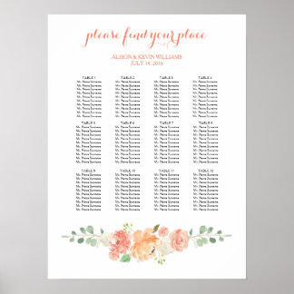 Peach flowers wedding dinner seating chart ポスター