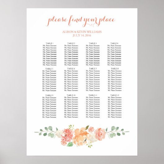 Peach flowers wedding dinner seating chart ポスター (正面)