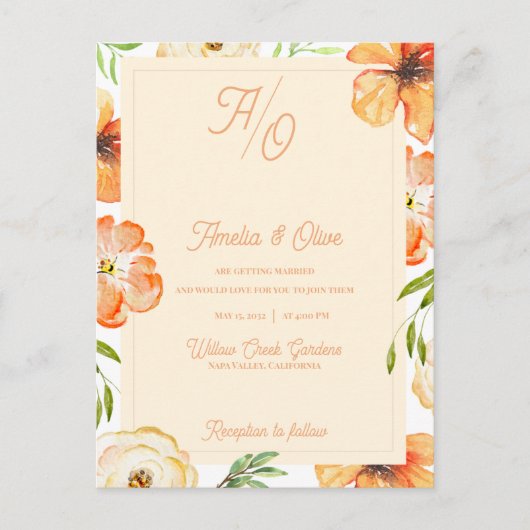Peach Garden Meadow Floral Monogram Wedding Invite ポストカード (正面)