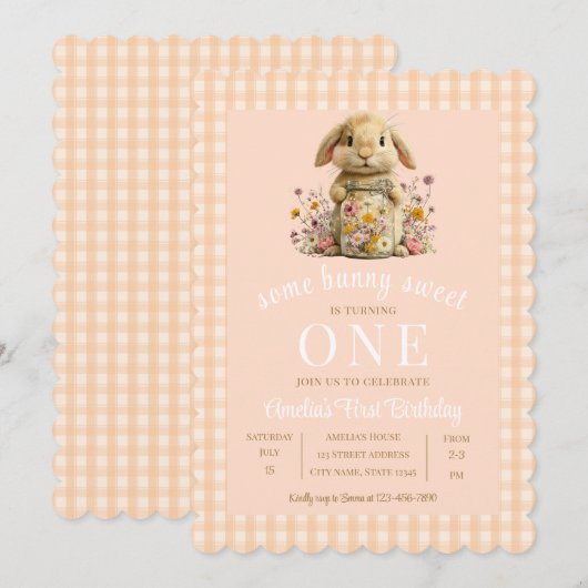 Peach Gingham Bunny 1st Birthday Invite 招待状 (正面/裏面)