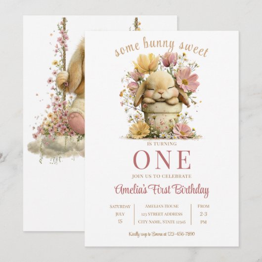 Peach Gingham Bunny 1st Birthday Invite with Scall 招待状 (正面/裏面)