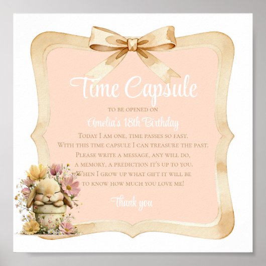 Peach Gingham Bunny 1st Birthday Sign ポスター (正面)