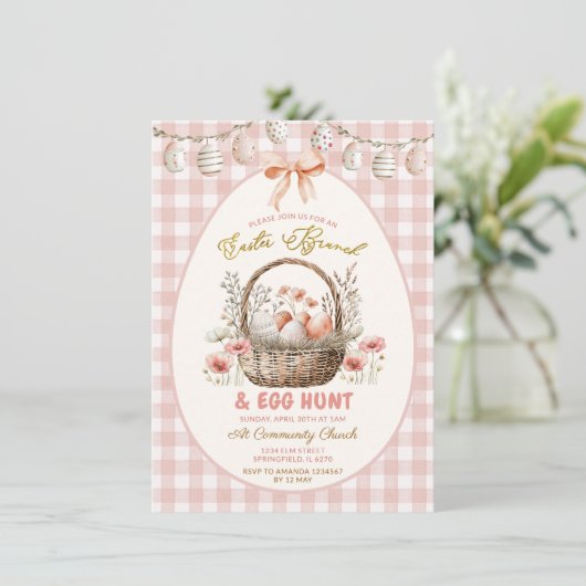 Peach Gingham Floral Easter Brunch and Egg Hunt 招待状 (スタンド正面)