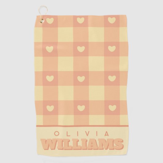 Peach Gingham Heart Pattern, Cute Kawaii Checkered ゴルフタオル (正面)
