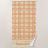 Peach Gingham Heart Pattern, Cute Kawaii Checkered ビーチタオル (正面)