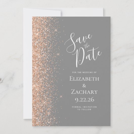 Peach Glitter Edge Gray Save the Date 案内状 (正面)