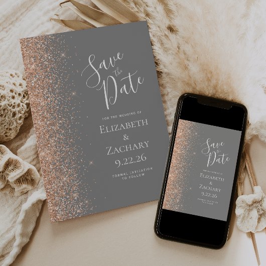 Peach Glitter Edge Gray Save the Date 案内状