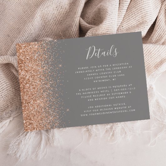 Peach Glitter Gray Wedding Details エンクロージャーカード