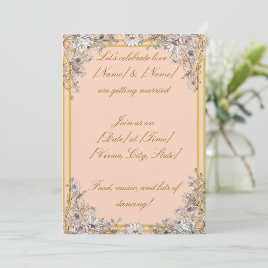Peach & Gold Botanical Wedding Invitation | Elegan 招待状 (スタンド正面)