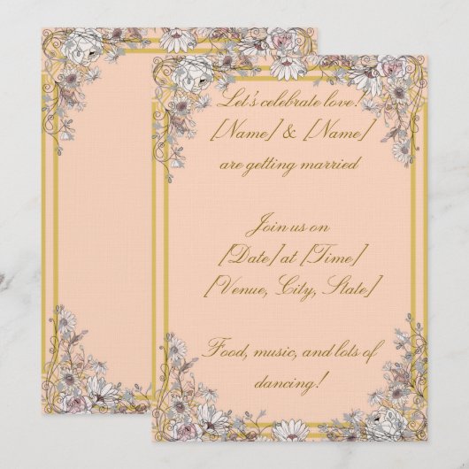 Peach & Gold Botanical Wedding Invitation | Elegan 招待状 (正面/裏面)
