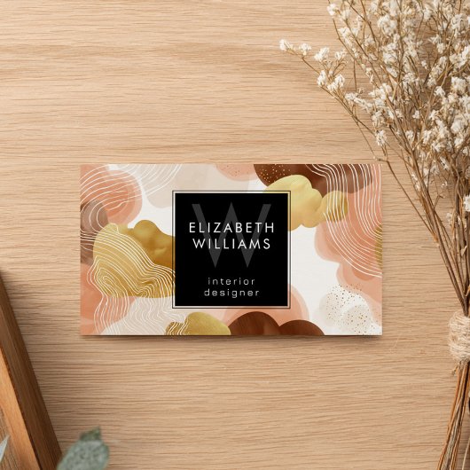 Peach Gold Modern Abstract Monogram Business Cards