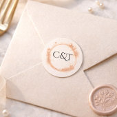 Peach Gold Sparkle Script Monogram Wedding ラウンドシール