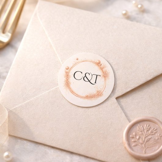 Peach Gold Sparkle Script Monogram Wedding ラウンドシール