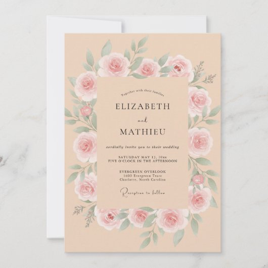 Peach Graceful Rose Wedding 招待状 (正面)