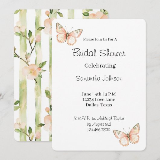 Peach Green Butterflies Floral Bridal Shower   招待状 (正面/裏面)