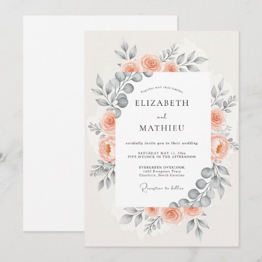 Peach Harmonious Botanical Wedding 招待状 (正面/裏面)