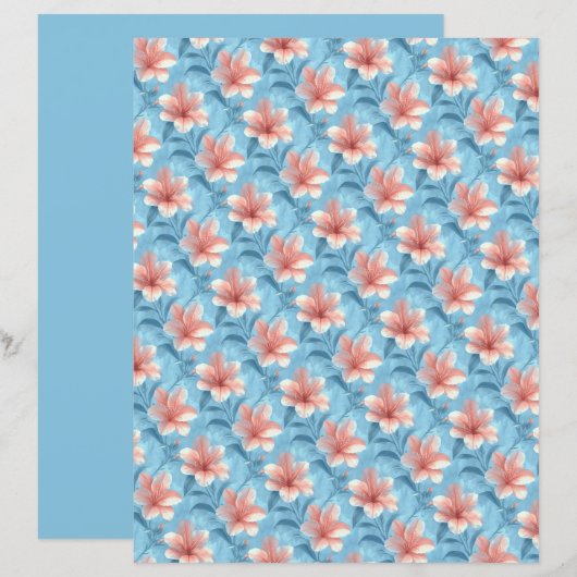 Peach Hibiscus Floral Scrapbook Paper (正面/裏面)