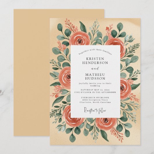 Peach Illustrative Rustic Wedding 招待状 (正面/裏面)