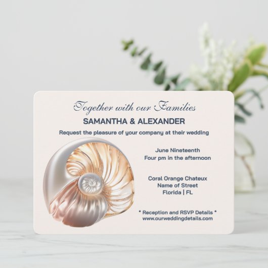 Peach Ivory Conch Shell Elegant Wedding  招待状 (スタンド正面)