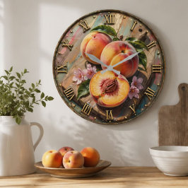 Peach Kitchen Rustic Summer Fruit Farmhouse Style ラージ壁時計