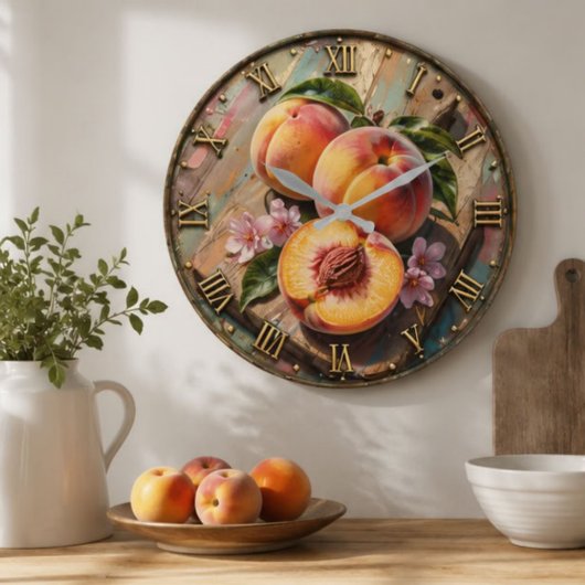 Peach Kitchen Rustic Summer Fruit Farmhouse Style ラージ壁時計